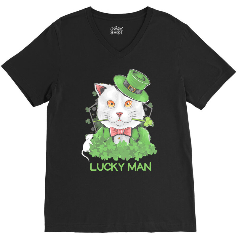 Lucky Man T  Shirt Lucky Man Funny White Cat And White Mouse St. Patri V-neck Tee | Artistshot