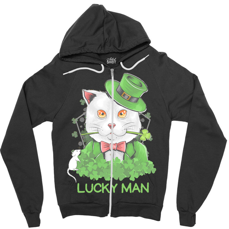 Lucky Man T  Shirt Lucky Man Funny White Cat And White Mouse St. Patri Zipper Hoodie | Artistshot