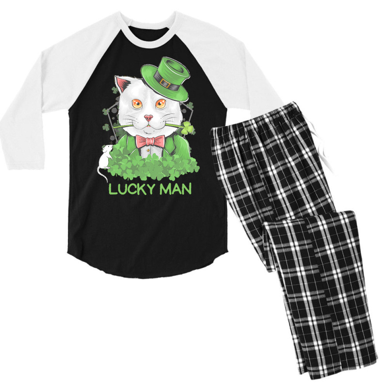 Lucky Man T  Shirt Lucky Man Funny White Cat And White Mouse St. Patri Men's 3/4 Sleeve Pajama Set | Artistshot