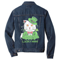 Lucky Man T  Shirt Lucky Man Funny White Cat And White Mouse St. Patri Men Denim Jacket | Artistshot