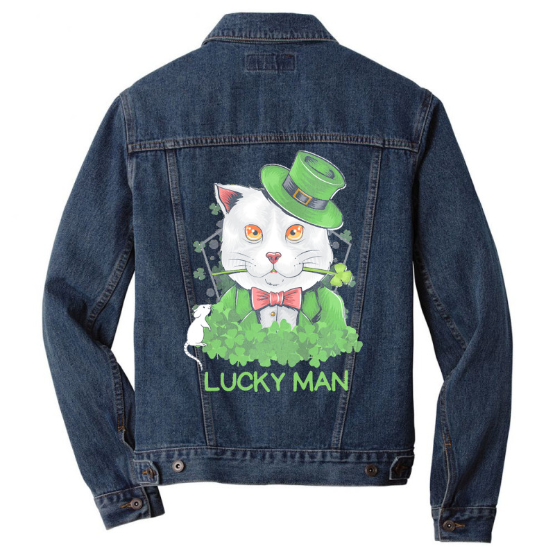 Lucky Man T  Shirt Lucky Man Funny White Cat And White Mouse St. Patri Men Denim Jacket | Artistshot