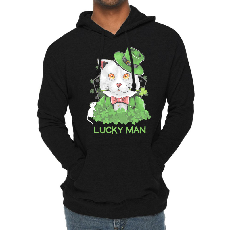 Lucky Man T  Shirt Lucky Man Funny White Cat And White Mouse St. Patri Lightweight Hoodie | Artistshot