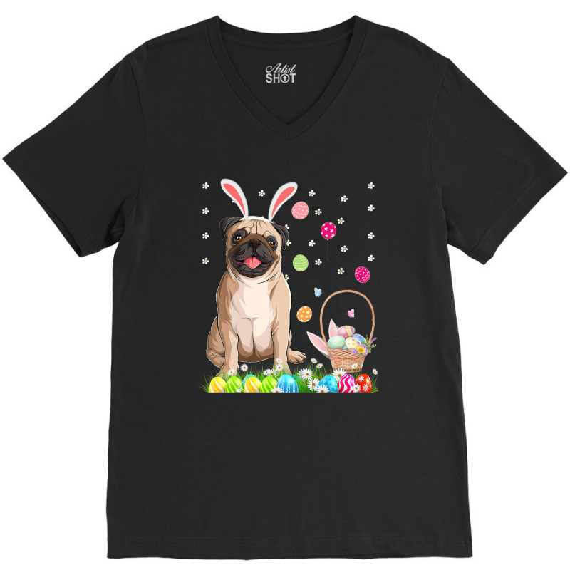 Happy Easter Cute Bunny Dog Pug Wearing Bunny Ears Gift V-Neck Tee by garbaaargouby | Artistshot