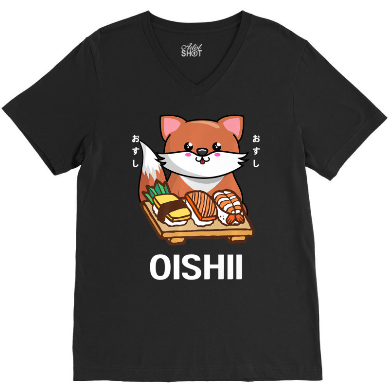 Cute Kawaii Fox Eats Sushi Japanese Food Lover Otaku V-Neck Tee by thanhtran | Artistshot