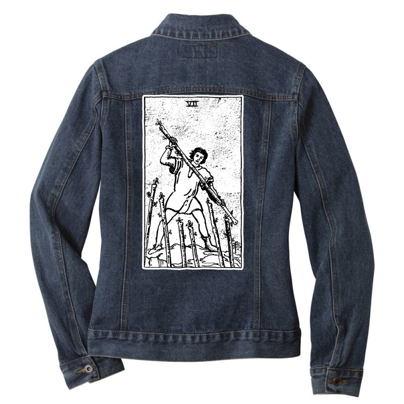 Seven Of Wands   Vii Of Wands   Tarot Card   Major Arcana   Fortune Te Ladies Denim Jacket by livnymoronoe | Artistshot