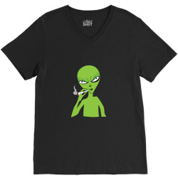 funny green alien smoking V-Neck Tee | Artistshot