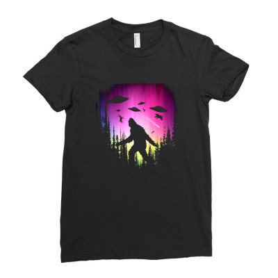 Bigfoot Ufos In Forest Ladies Fitted T-shirt Designed By Ricklers