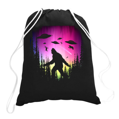 Bigfoot Ufos In Forest Drawstring Bags Designed By Ricklers