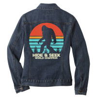 Bigfoot T  Shirt Retro Bigfoot Hide & Seek World Champion 4 Ladies Denim Jacket | Artistshot