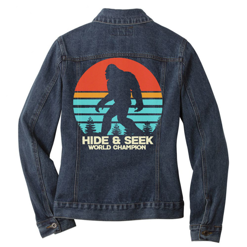 Bigfoot T  Shirt Retro Bigfoot Hide & Seek World Champion 4 Ladies Denim Jacket by batzole315 | Artistshot