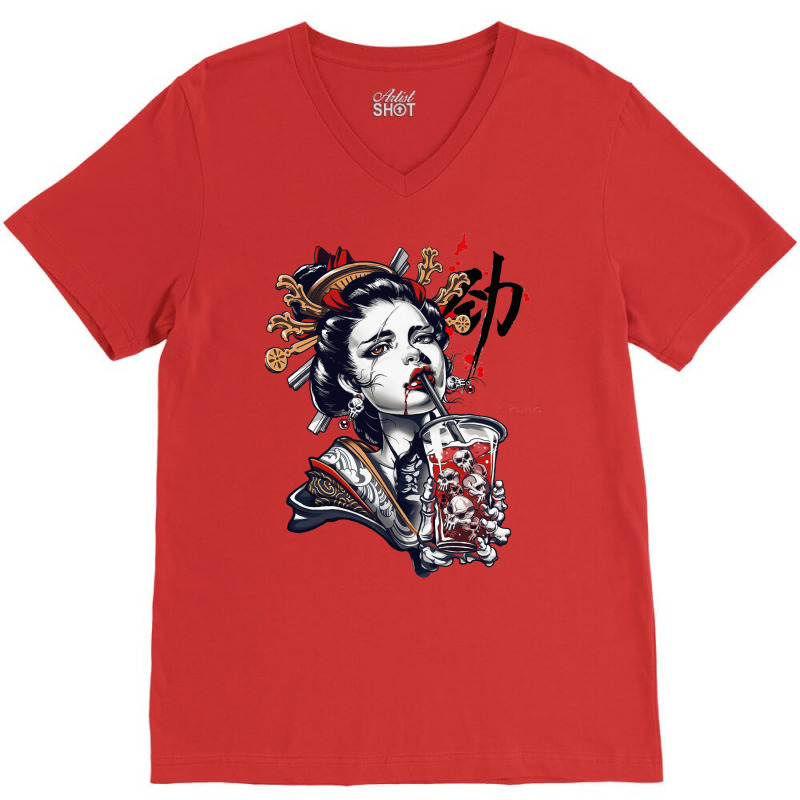 Japanese Geisha Girl Vaporwave Cyberpunk Popart Urban Style 1 V-neck Tee | Artistshot