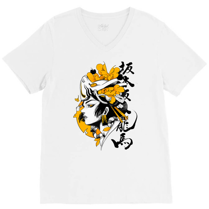 Japanese Samurai Geisha Mask Colorful Modern Urban Style V-neck Tee | Artistshot