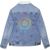 Neon Geometric Glyph Mandala Sigil Rune Sign Seal Cyan Red And Yellow Unisex Sherpa-lined Denim Jacket | Artistshot