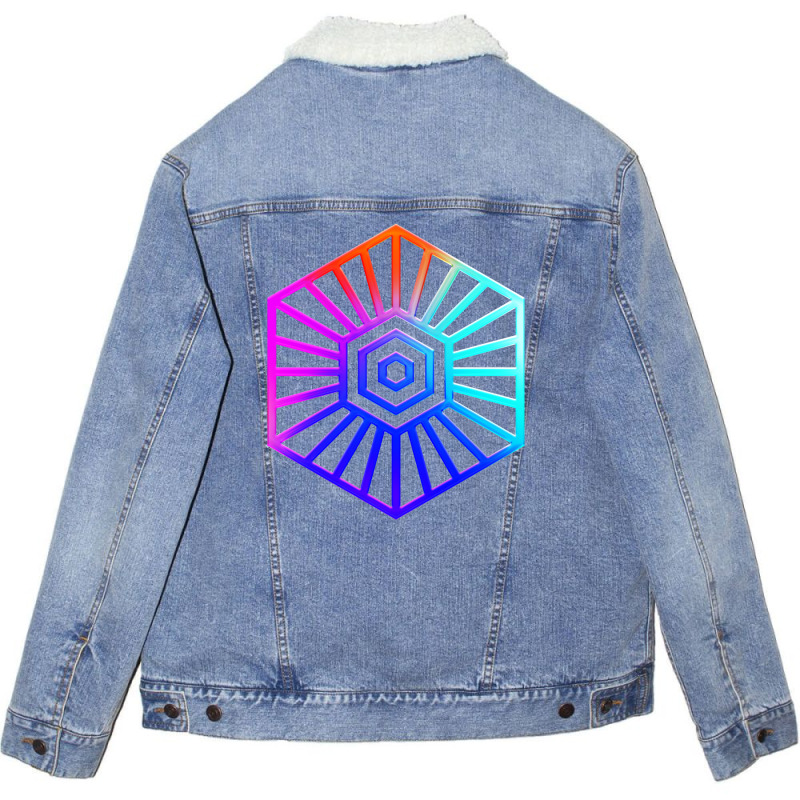 Neon Geometric Glyph Mandala Sigil Rune Sign Seal Cool Blue And Violet Unisex Sherpa-Lined Denim Jacket by irildarnen | Artistshot