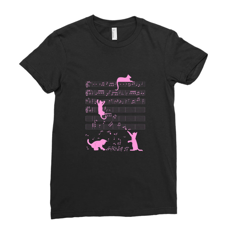 Cute Cat Kitty Playing Music Note Pink Clef Musician 1 Ladies Fitted T-Shirt by LeslieDawnMoore | Artistshot