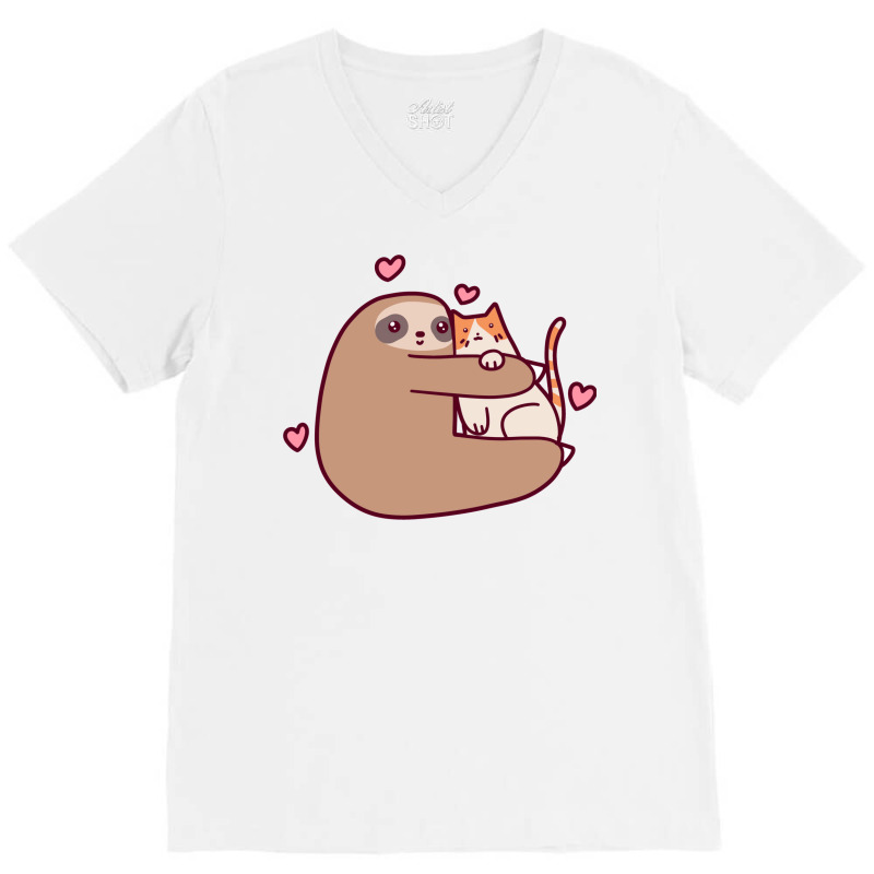 Sloth Loves Cat 1 V-Neck Tee by annolacopjaj | Artistshot