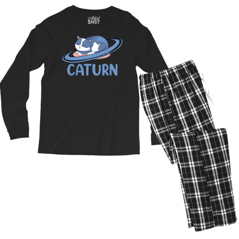 Caturn Sleeping Cat On Planet Saturn Astronomy Men's Long Sleeve Pajama Set | Artistshot