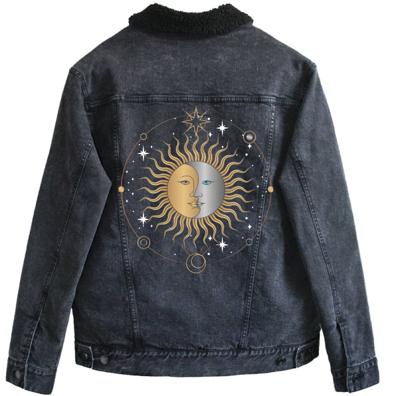 Boho Aesthetic Celestial Bodies Sun Moon Astronomy 70s Unisex Sherpa-lined Denim Jacket | Artistshot