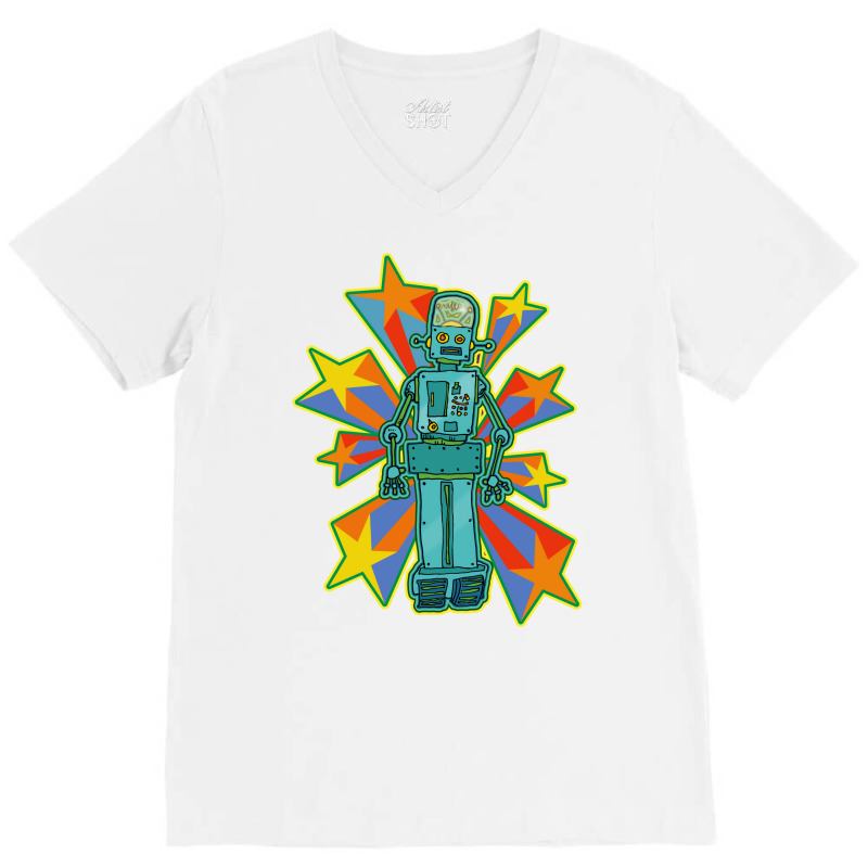 Super Cool Blue Robot With Shooting Stars V-neck Tee | Artistshot