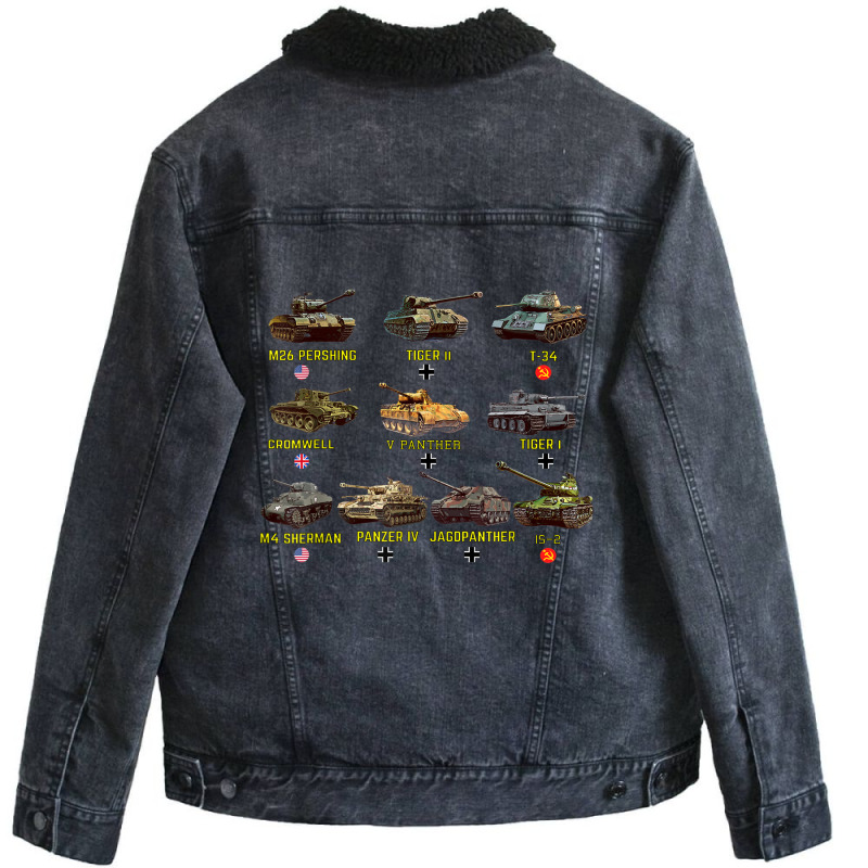 Top Ten Best Ww2 Tanks M4 Sherman Panzer Iv Tiger Ii T-34 Unisex Sherpa-Lined Denim Jacket by JennetteMichelleBrink | Artistshot