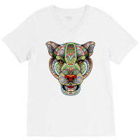 Panther Huichol Sugar Skull Calavera Skull Aztec Art On Back Pullover V-neck Tee | Artistshot