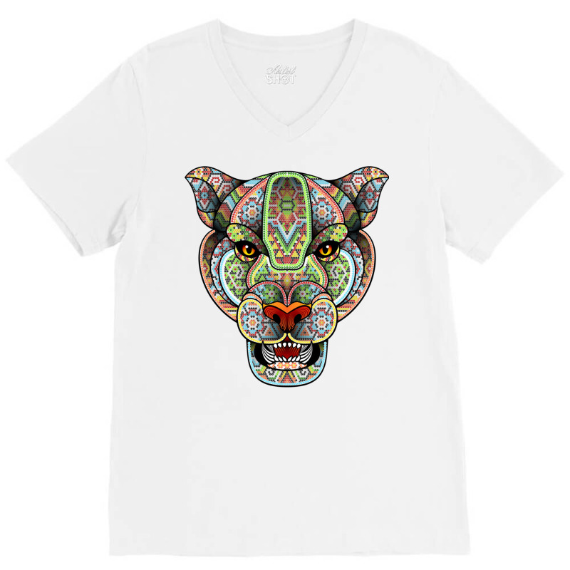 Panther Huichol Sugar Skull Calavera Skull Aztec Art On Back Pullover V-Neck Tee by jessen | Artistshot