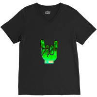 Rock Hand Gesture Space Green Rock N Roll Salute V-neck Tee | Artistshot