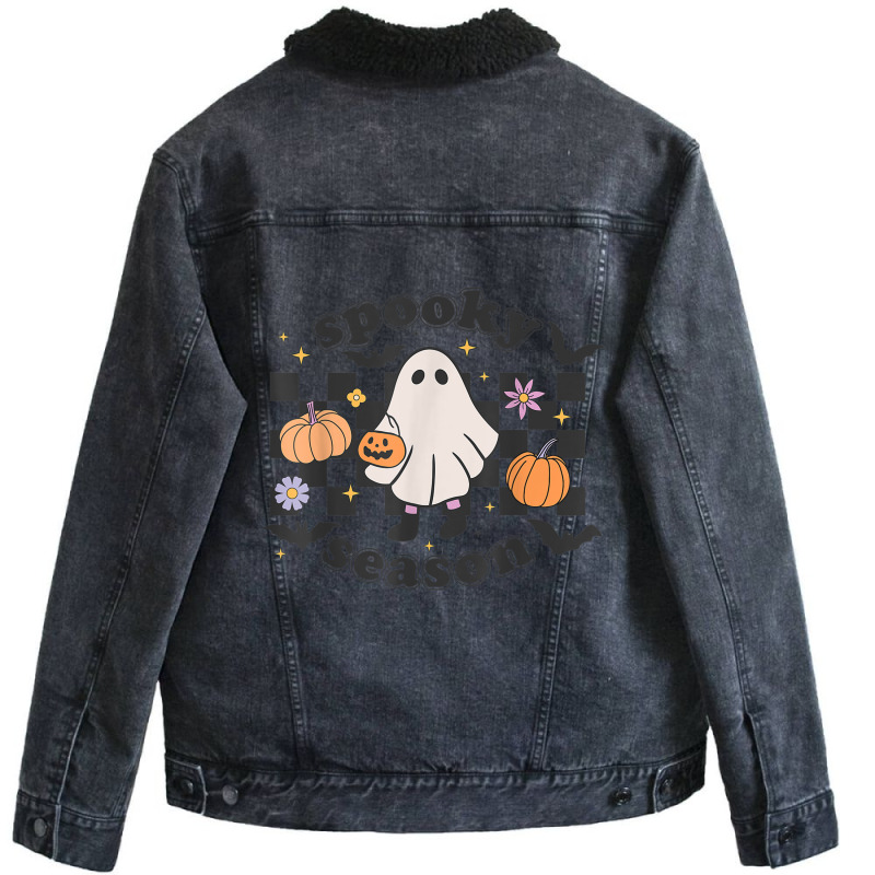 Retro Groovy Spooky Season Halloween Ghost Boo Fall Autumn Unisex Sherpa-lined Denim Jacket | Artistshot