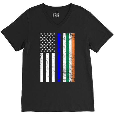 Irish American Flag Thin Blue Line Police St. Patrick's Day Long Sleev V-neck Tee Designed By Tamkyfashions