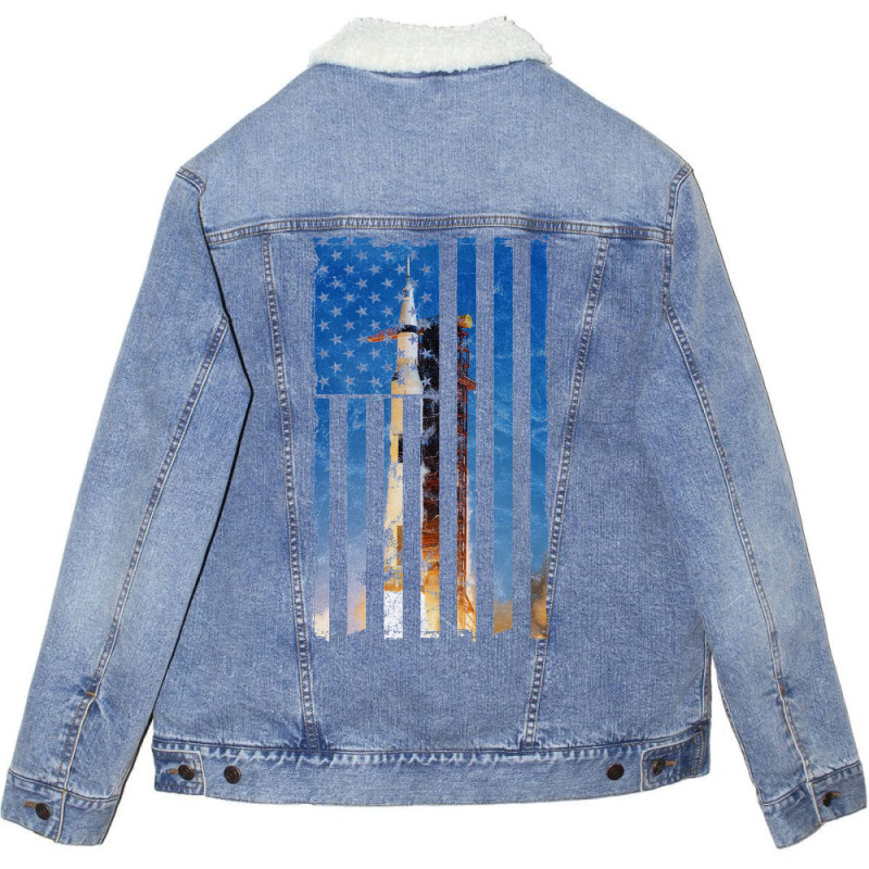 Apollo 11 Saturn V Liftoff 50th Anniversary Vintage Flag Unisex Sherpa-Lined Denim Jacket by ghanimshorgok | Artistshot