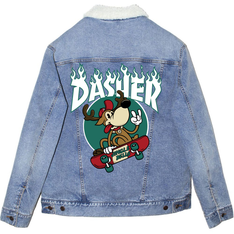 Dasher   Skateboarding Reindeer   Funny Xmas Cartoon Unisex Sherpa-lined Denim Jacket | Artistshot