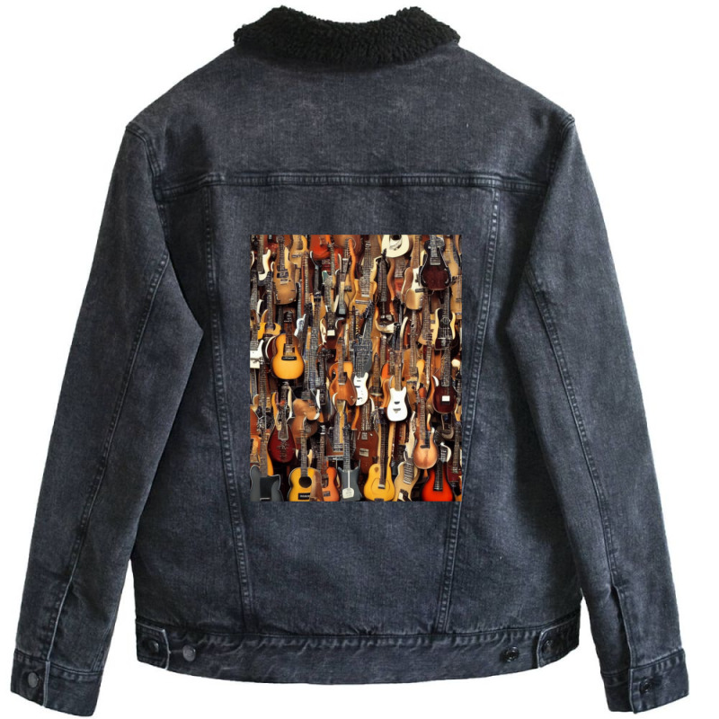 Electric Acoustic Guitar Display Paul Guitar Collage Store Shop Blues  Unisex Sherpa-Lined Denim Jacket by MichaelGatineau | Artistshot