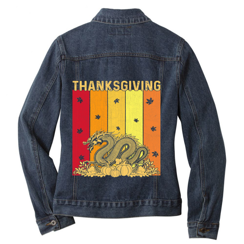 Thanksgiving Retro Dragon Matching Family Pajamas Ladies Denim Jacket by AURRADILLARD | Artistshot