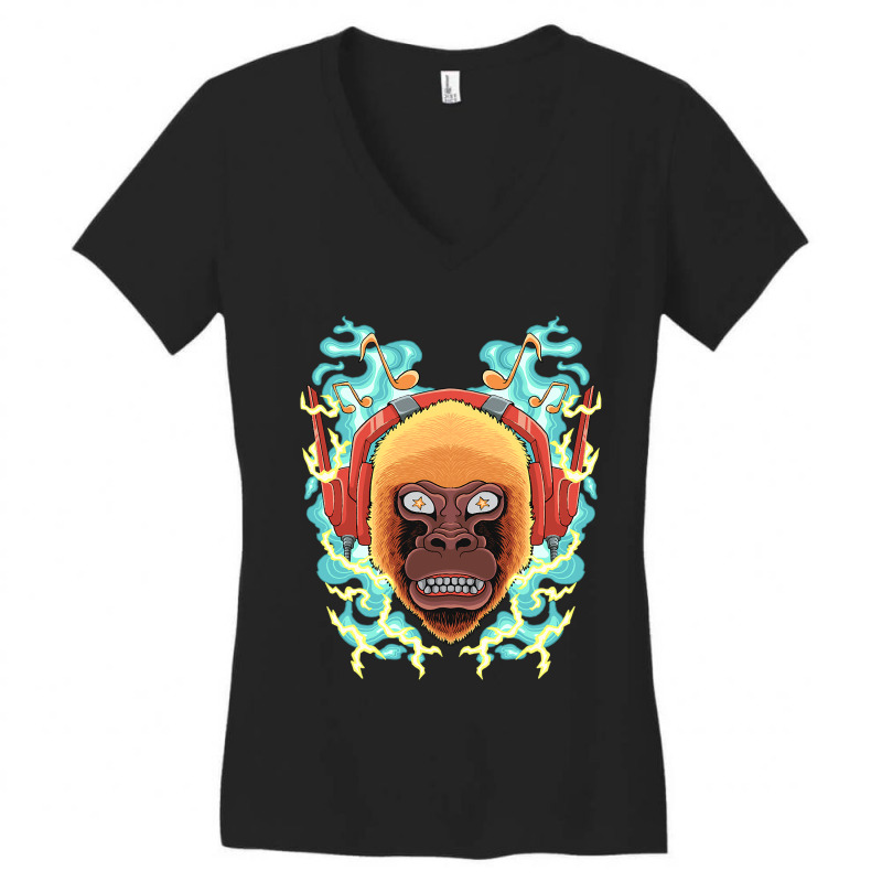 The Monkey Listens To Music Angry Ape Gorilla King Zoo Women's V-Neck T-Shirt by AURRADILLARD | Artistshot