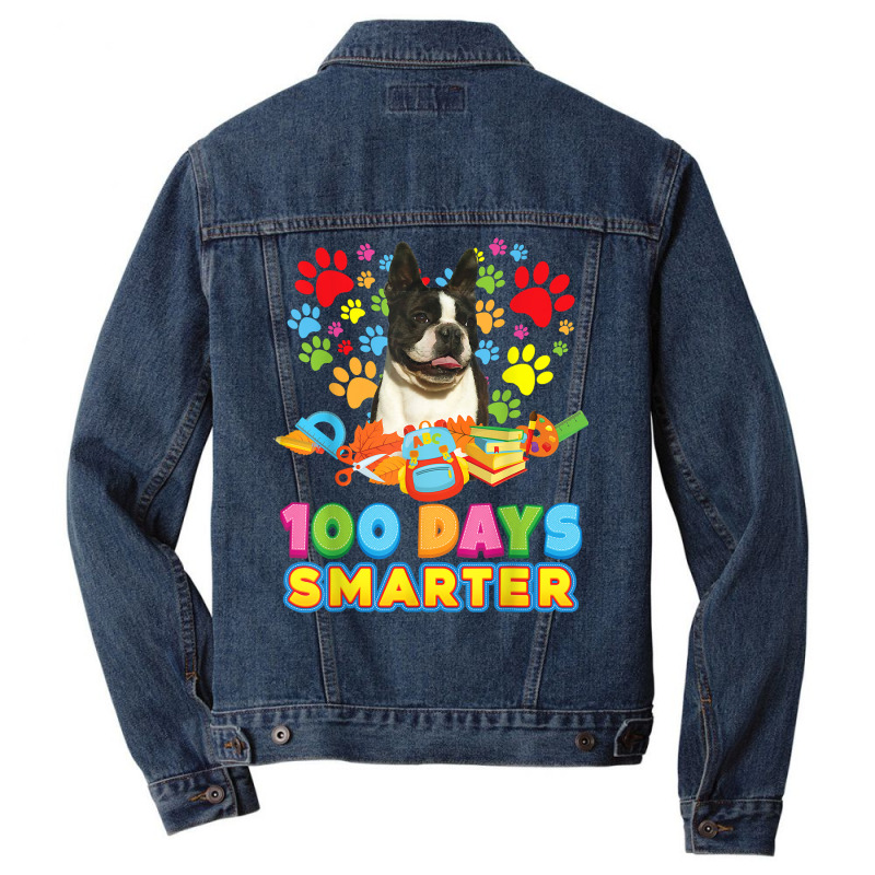 100 Days Smarter Boston Terrier Dog Paw Prints Heart 100th T Shirt Men Denim Jacket | Artistshot