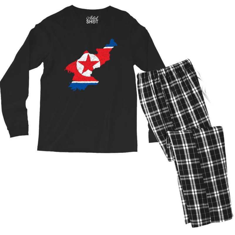 North Korea Map Flag Drawing Line Art Men's Long Sleeve Pajama Set | Artistshot