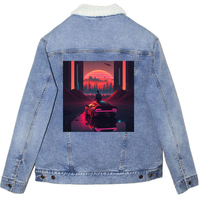 Car Retro Synthwave Unisex Sherpa-Lined Denim Jacket by Agus Creative | Artistshot