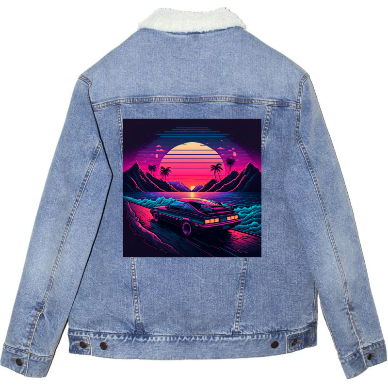 Car Retro Synthwave Unisex Sherpa-Lined Denim Jacket by Agus Creative | Artistshot