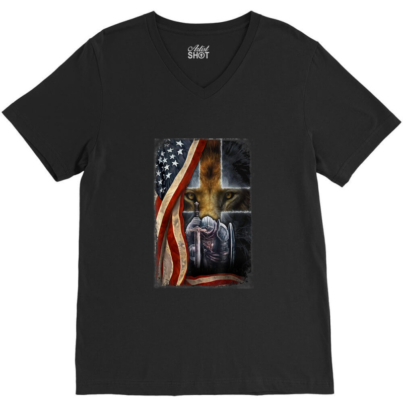 Child Of God Warrior Of Christ Jesus Lion Of Judah Flag V-neck Tee | Artistshot