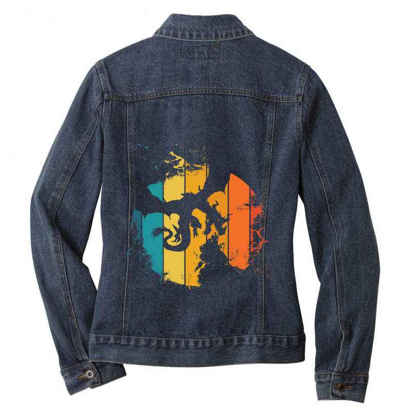 Vintage Cool Dragon Silhouette On The Retro Sunset Dragons Ladies Denim Jacket by MELISSABISHOP | Artistshot