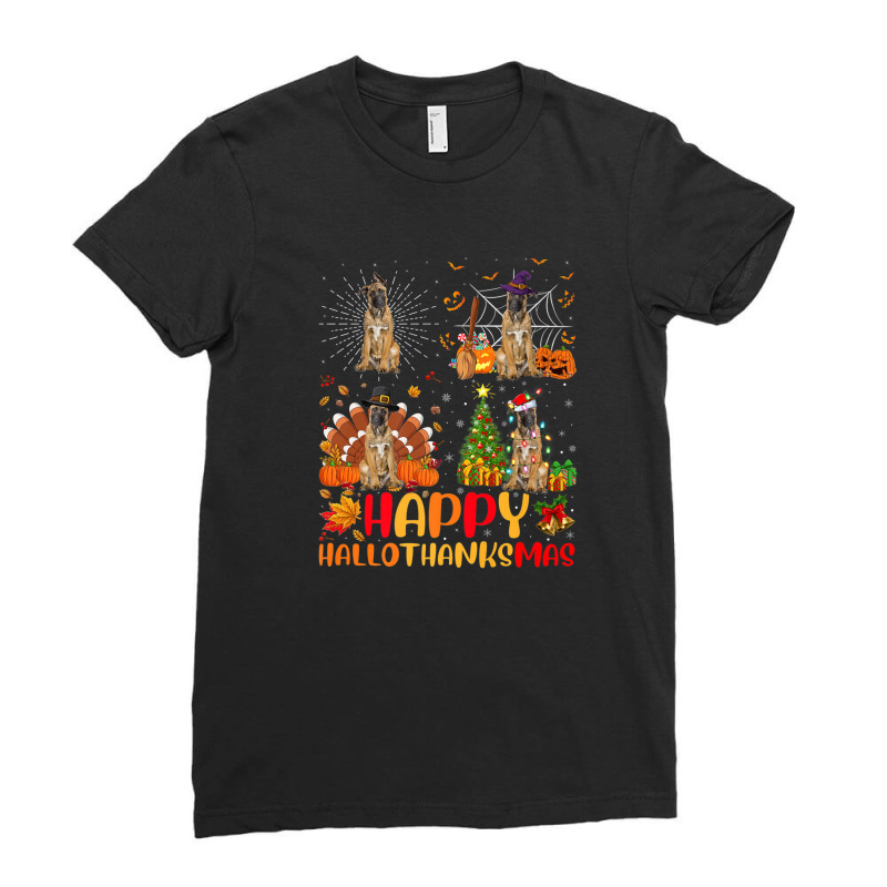 Halloween Thanksgiving Christmas Malinois Dog Hallothanksmas Ladies Fitted T-Shirt by nedalcizmjag | Artistshot