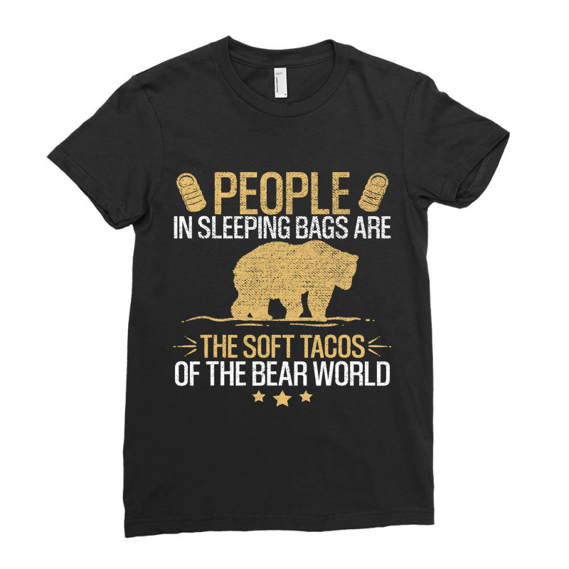 People In Sleeping Bag Funny Bear Retro Camper Camping Ladies Fitted T-Shirt by XAVIERESPREE | Artistshot