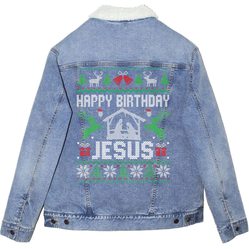 Christmas Outfit Happy Birthday Jesus Holiday Ugly Sweater Unisex Sherpa-lined Denim Jacket | Artistshot