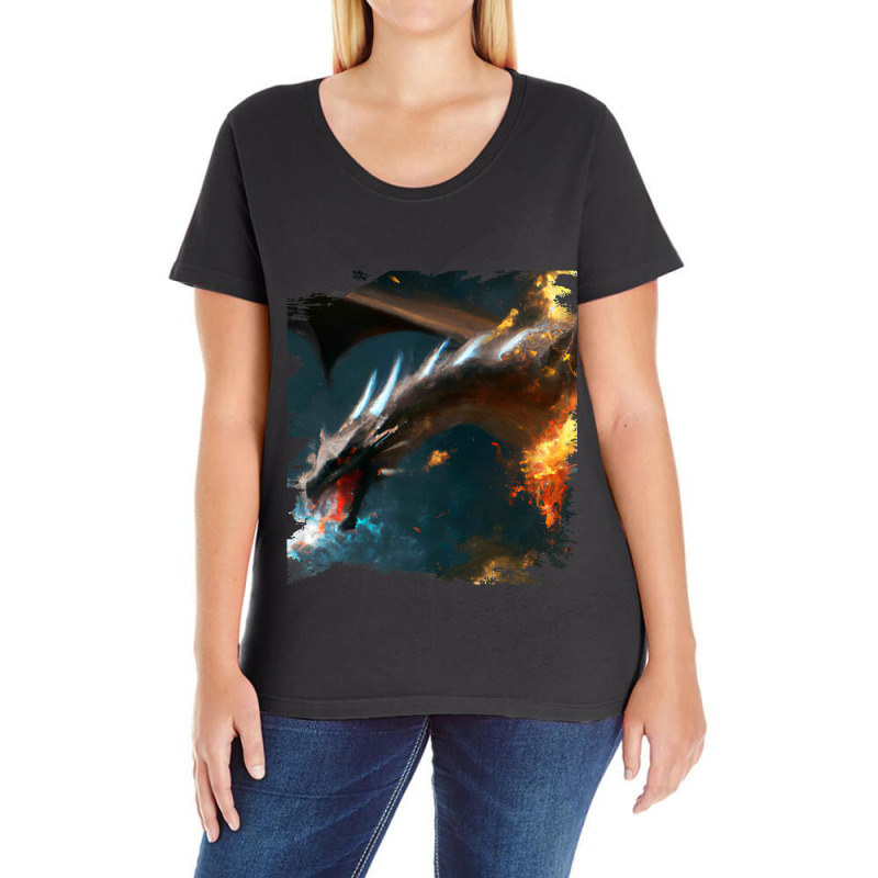 Space Dragon Breathing Fire Ladies Curvy T-Shirt by XAVIERESPREE | Artistshot