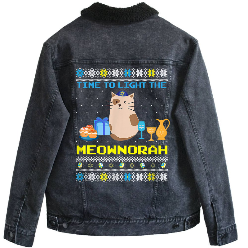 Light He Meownorah Jewish Cat Menorah Lover Ugly Chanukah T Shirt Unisex Sherpa-lined Denim Jacket | Artistshot