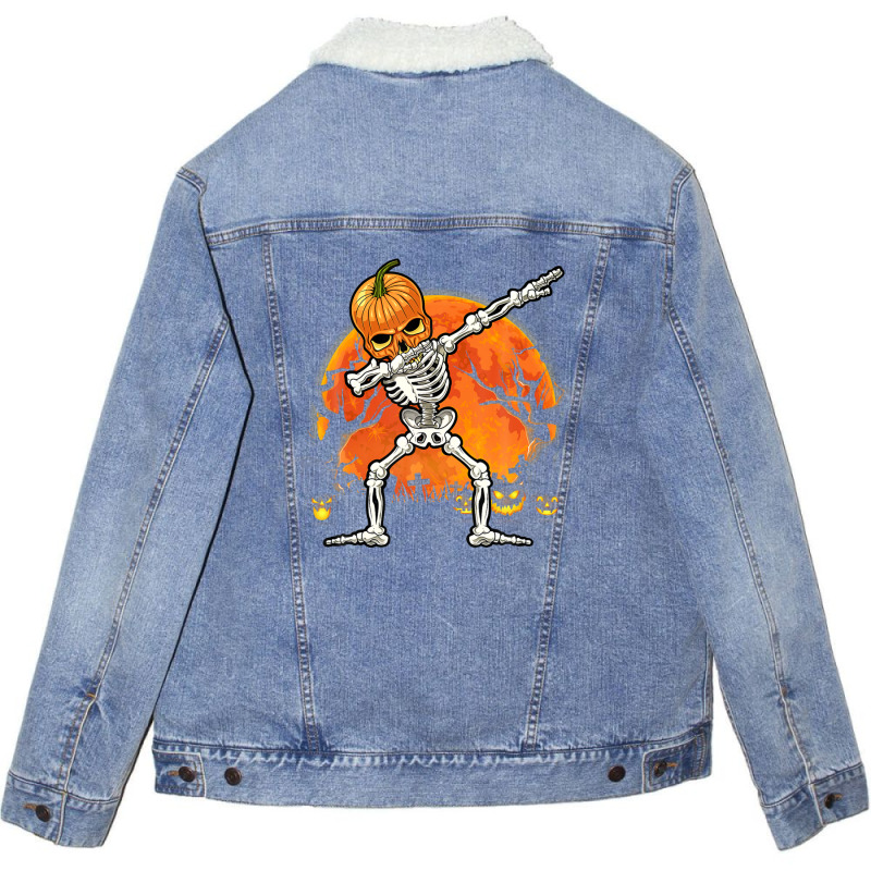 Pumpkin Skeleton Dabbing Funny Halloween Costume Unisex Sherpa-lined Denim Jacket | Artistshot