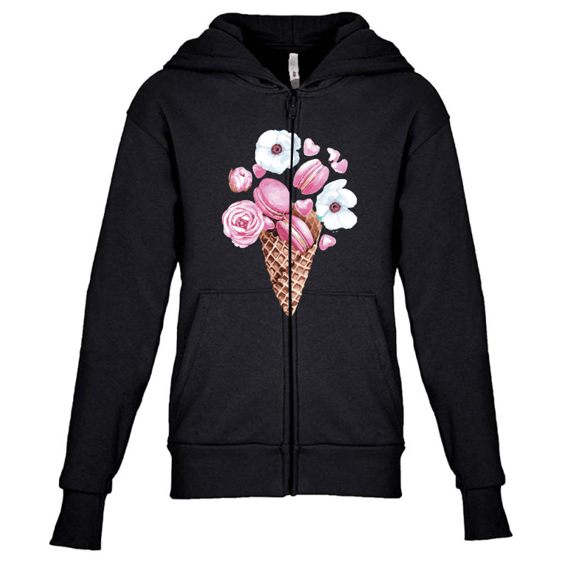 Pink Floral Macaron Ice Cream Cone,pink Floral Macaron Cone Youth Zipper Hoodie by dafarary | Artistshot