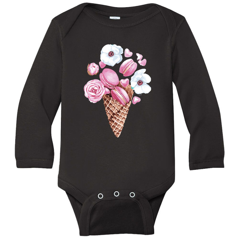 Pink Floral Macaron Ice Cream Cone,pink Floral Macaron Cone Long Sleeve Baby Bodysuit by dafarary | Artistshot