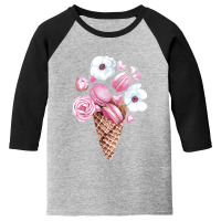 Pink Floral Macaron Ice Cream Cone,pink Floral Macaron Cone Youth 3/4 Sleeve | Artistshot