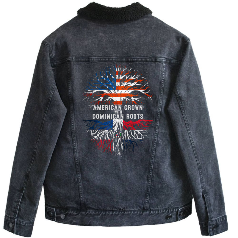 American Grown With Dominican Roots Tree Dominican Republic Flag Usa Unisex Sherpa-Lined Denim Jacket by DaniArt | Artistshot